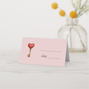 Heart shaped key pink wedding place card