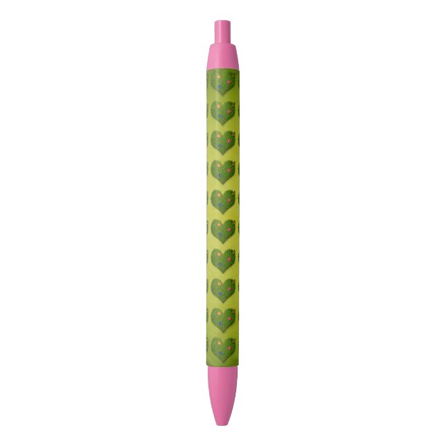Heart-Shaped Lawn Flowers Butterfly Pattern Black Ink Pen (Front Vertical)