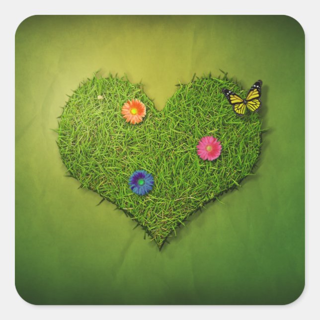 Heart-Shaped Lawn Flowers Butterfly Square Sticker (Front)