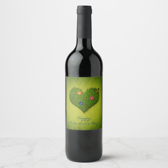 Heart-Shaped Lawn Flowers Butterfly Wine Label (Front)
