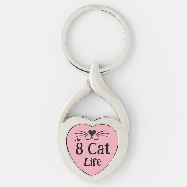Heart Shaped Metal Pink Cat Life Premium Keyring (Front)