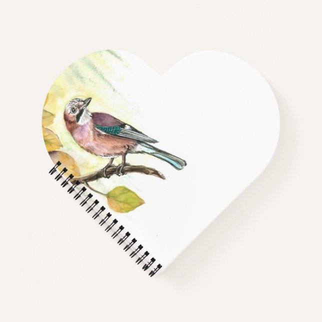 Heart-Shaped Notebook with Watercolor Eurasian Jay (Front)