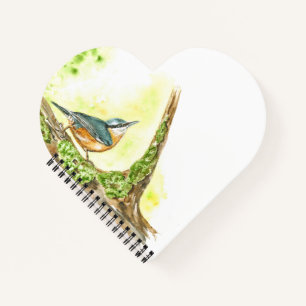 Heart-Shaped Notebook with Watercolor Nuthatch