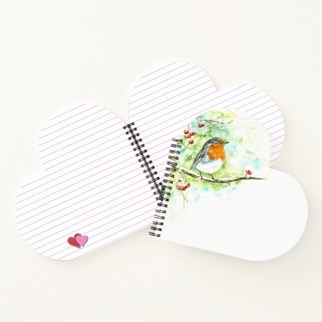 Heart-Shaped Notebook with Watercolor Robin (Inside)