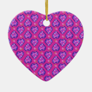 Heart-shaped Ornament, Magenta Hearts and Flowers Ceramic Tree Decoration