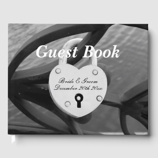 Heart shaped padlock photograph wedding guest book (Front)