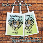 Heart Shaped Paw Print Framed Replaceable Photo Reusable Grocery Bag<br><div class="desc">A double sided fun idea! Add your photo to both sides of this bag in place of the placeholder image or keep the placeholder. This simple heart shape of black paw prints frames your photo over shades of green. Personalise the bottom text with the name that matches the dog/cat on...</div>