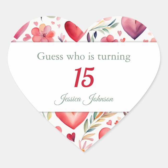 Heart Shaped Personalised 13th Birthday Stickers (Front)