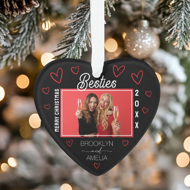 Heart Shaped Photo Black and Red Besties Christmas Ornament (Heart Shaped Photo Black and Red Besties Christmas Ornament)