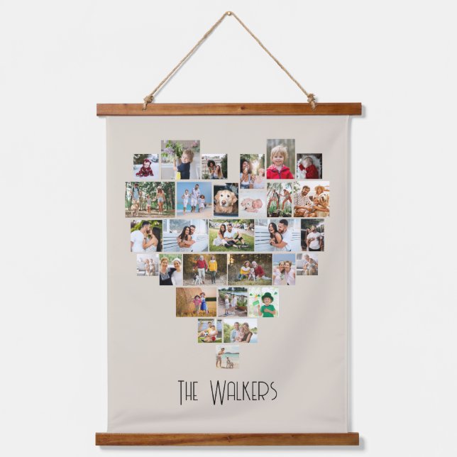 Heart Shaped Photo Collage 29 Pictures Family Name Hanging Tapestry (Front)