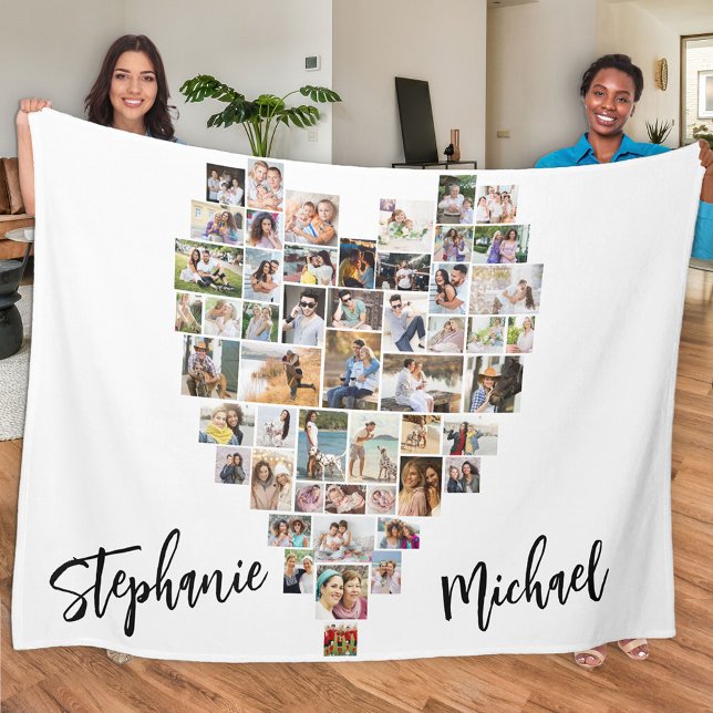 Heart Shaped Photo Collage 51 Pictures Couples Fleece Blanket (Creator Uploaded)