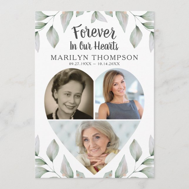 Heart Shaped Photo Collage Botanical Memorial Programme (Front)