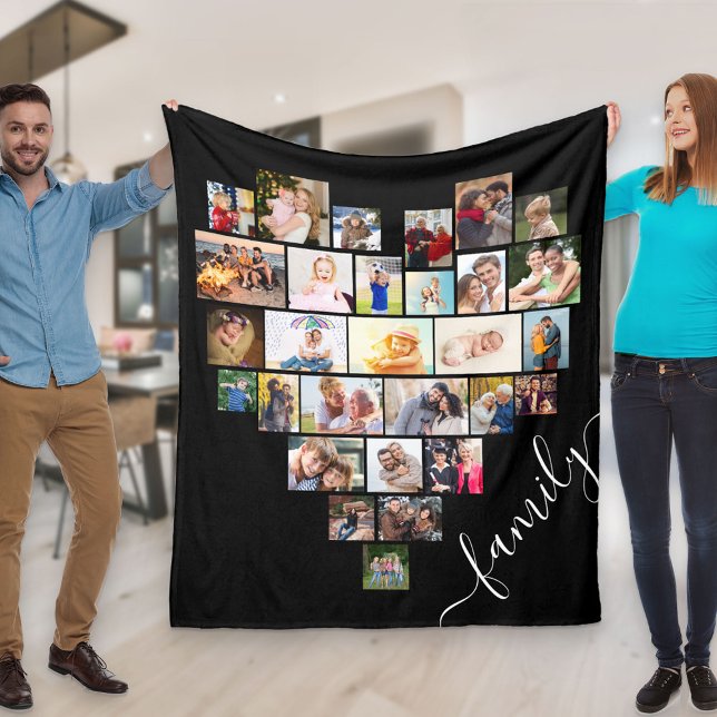 Heart Shaped Photo Collage Family Script Black Fleece Blanket (Creator Uploaded)