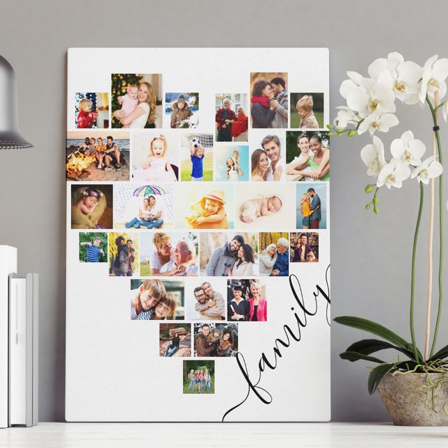 Heart Shaped Photo Collage Family Script White Canvas Print (Creator Uploaded)