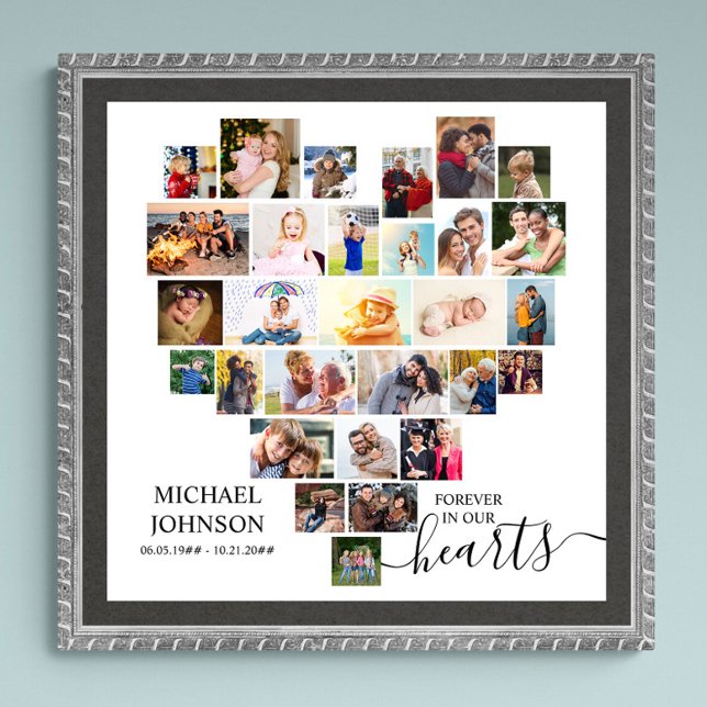 Heart Shaped Photo Collage Funeral Memorial Square Poster (Funeral memorial poster to order professionally printed or as a printable digital download)