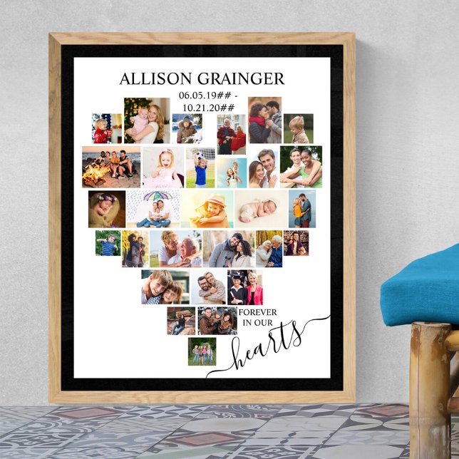 Heart Shaped Photo Collage Funeral Memory Board Poster (Funeral memorial poster to order professionally printed or as a printable digital download)