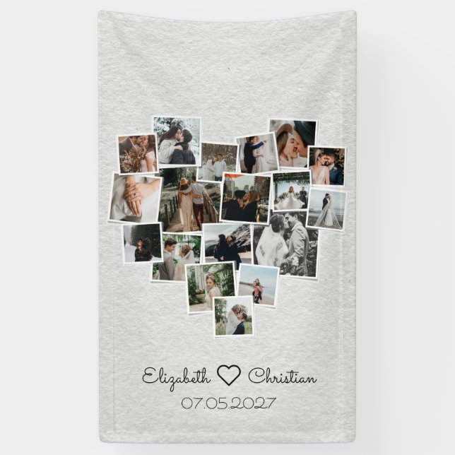 Heart Shaped Photo Collage Romantic Wedding Banner (Vertical)