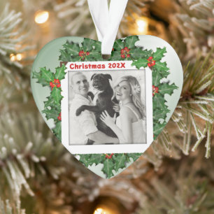 Heart Shaped Photo First Christmas Holly Leaves Ornament