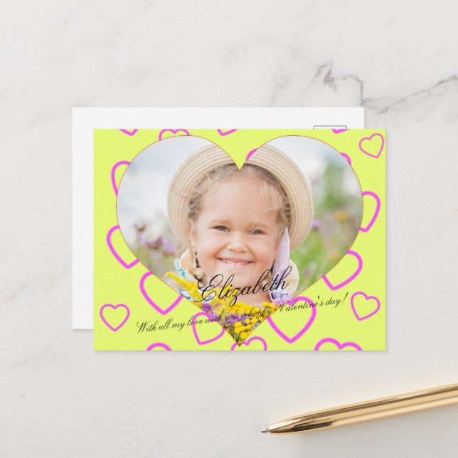 Heart Shaped Photo Kids Yellow Cards (Front/Back In Situ)