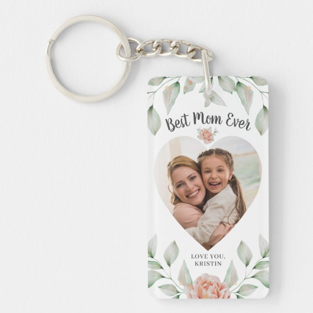 Heart Shaped Photo Script Best Mum Ever Key Ring (Front)