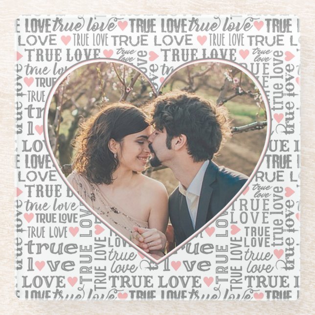 Heart Shaped Photo True Love Valentines or Wedding Glass Coaster (Front)