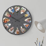 Heart Shaped Photos Dark Gray Round Large Clock<br><div class="desc">Create your own multi photo clock. The photo template is set up for you to add 12 photos which are displayed in a heart shaped frame. The design uses portrait vertical photos for all numbers except 3 and 9 which are in landscape horizontal format. The color palette is dark gray...</div>