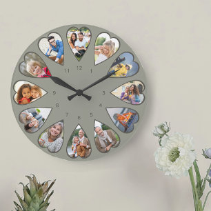 Heart Shaped Photos Green Round Large Clock
