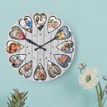 Heart Shaped Photos Light Gray Wood Large Clock<br><div class="desc">Create your own multi photo clock. The photo template is set up for you to add 12 photos which are displayed in a heart shaped frame. The design uses portrait vertical photos for all numbers except 3 and 9 which are in landscape horizontal format. The clock face has simple numbers...</div>