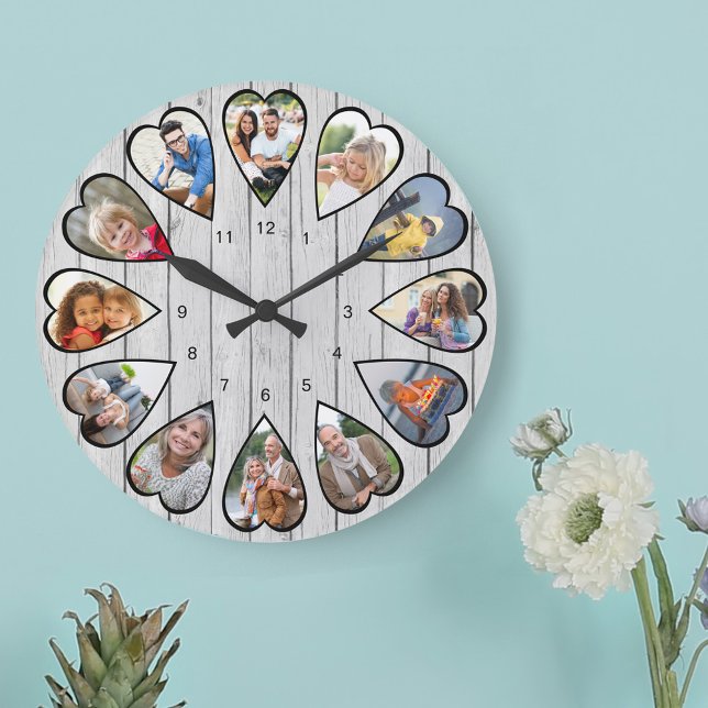 Heart Shaped Photos Light Grey Wood Large Clock (Photo clock with 12 heart shaped photos. Unusual design for your home and a thoughtful photo gift.)