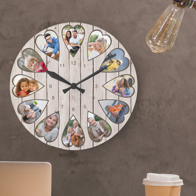 Heart Shaped Photos Light Wood Large Clock (Photo clock with 12 heart shaped photos. Unusual design for your home and a thoughtful photo gift.)