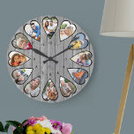 Heart Shaped Photos Rustic Gray Wood Large Clock<br><div class="desc">Create your own multi photo clock. The photo template is set up for you to add 12 photos which are displayed in a heart shaped frame. The design uses portrait vertical photos for all numbers except 3 and 9 which are in landscape horizontal format. The clock face has simple numbers...</div>