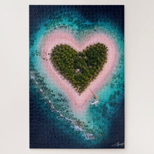 Heart-Shaped Pink Sand Island Satellite View Jigsaw Puzzle