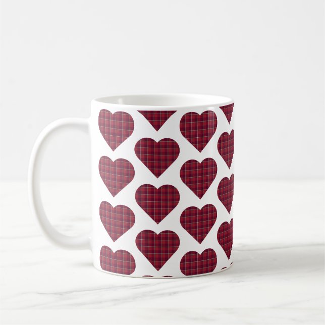 Heart Shaped Plaid Dark Red Burgundy Coffee Mug (Left)