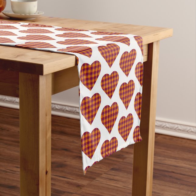 Heart Shaped Plaid Orange Burgundy Table Runner (In Situ)