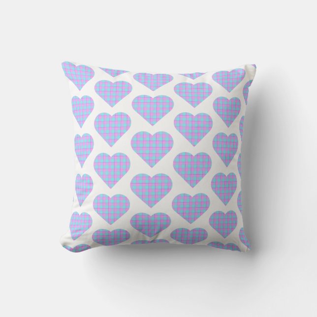 Heart Shaped Plaid Pink Blue Pastel Cushion (Front)