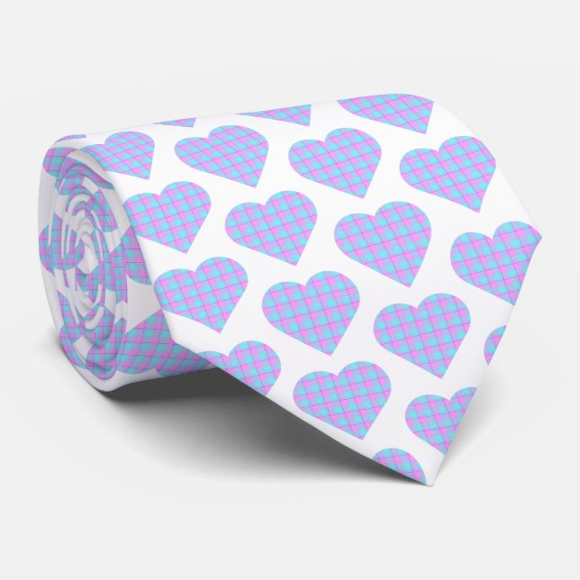 Heart Shaped Plaid Pink Blue Pastel Neck Tie (Rolled)