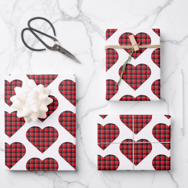 Heart Shaped Plaid Red Black Buffalo Wrapping Paper Sheet (Front)