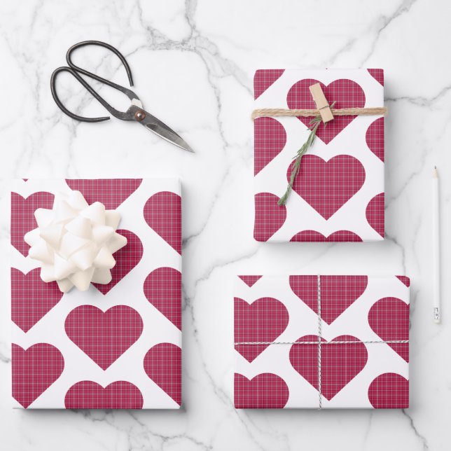 Heart Shaped Plaid Red Pink Wrapping Paper Sheet (Front)