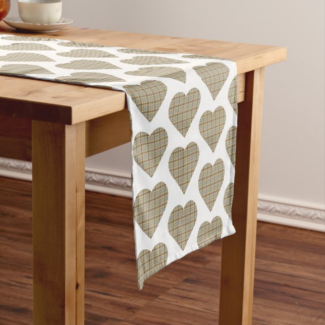 Heart Shaped Plaid Tan Blue White Table Runner (In Situ)