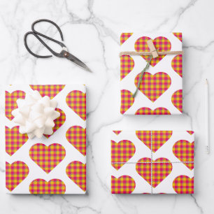 Heart Shaped Plaid Yellow Pink Preppy Wrapping Paper Sheet
