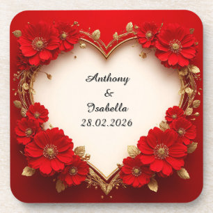 Heart-Shaped Red Floral Frame with Glitter Coaster