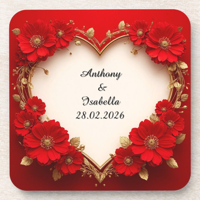 Heart-Shaped Red Floral Frame with Glitter Coaster (Front)