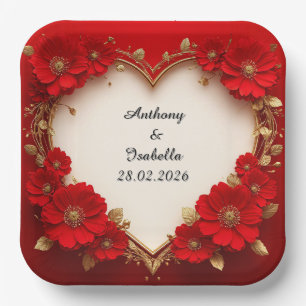 Heart-Shaped Red Floral Frame with Glitter Paper Plate
