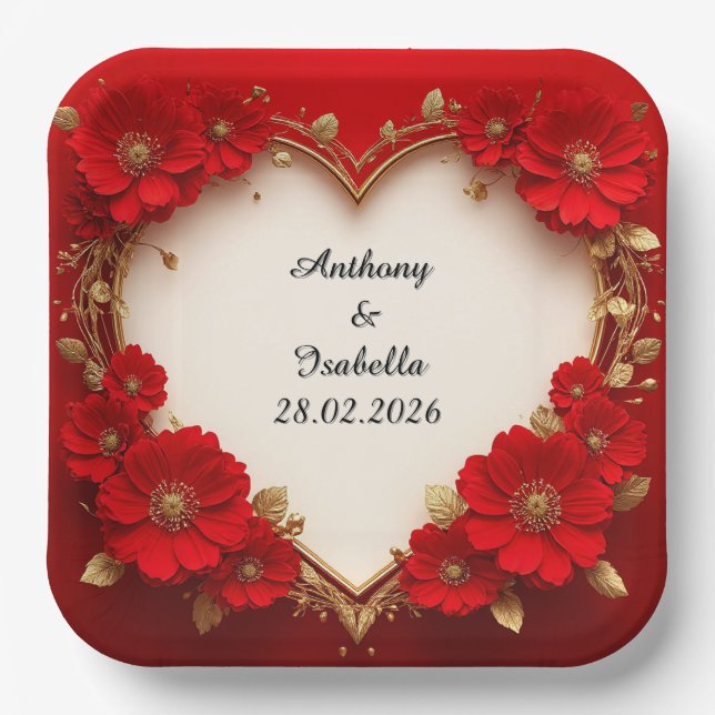 Heart-Shaped Red Floral Frame with Glitter Paper Plate (Front)