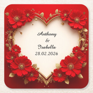 Heart-Shaped Red Floral Frame with Glitter Square Paper Coaster
