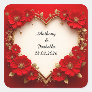 Heart-Shaped Red Floral Frame with Glitter Square Sticker