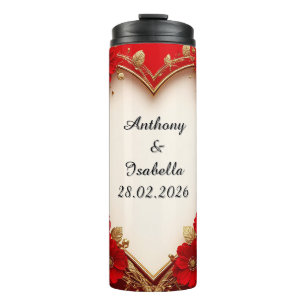 Heart-Shaped Red Floral Frame with Glitter Thermal Tumbler