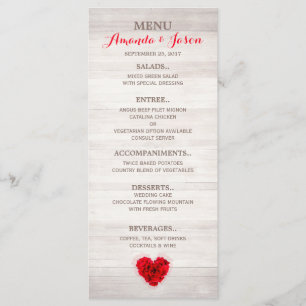 Heart shaped Red rose wedding menu hhn01