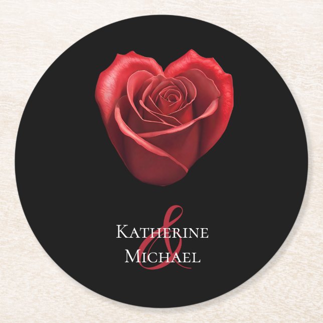 Heart Shaped Red Rose-Wedding Round Paper Coaster (Front)