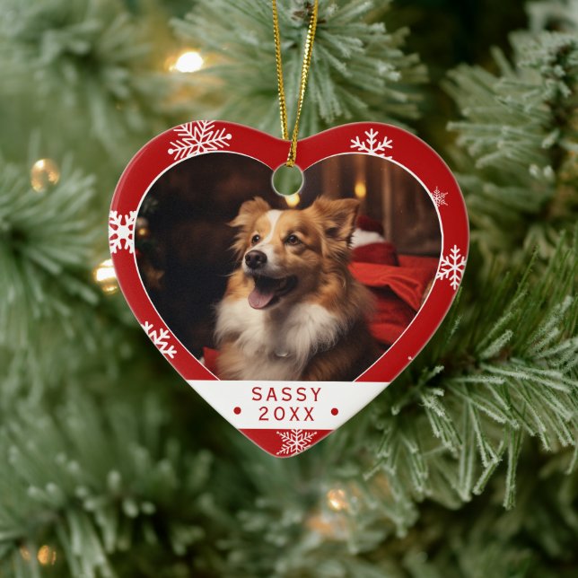 Heart-Shaped Red Snowflake Dog Photo Ornament (Tree)